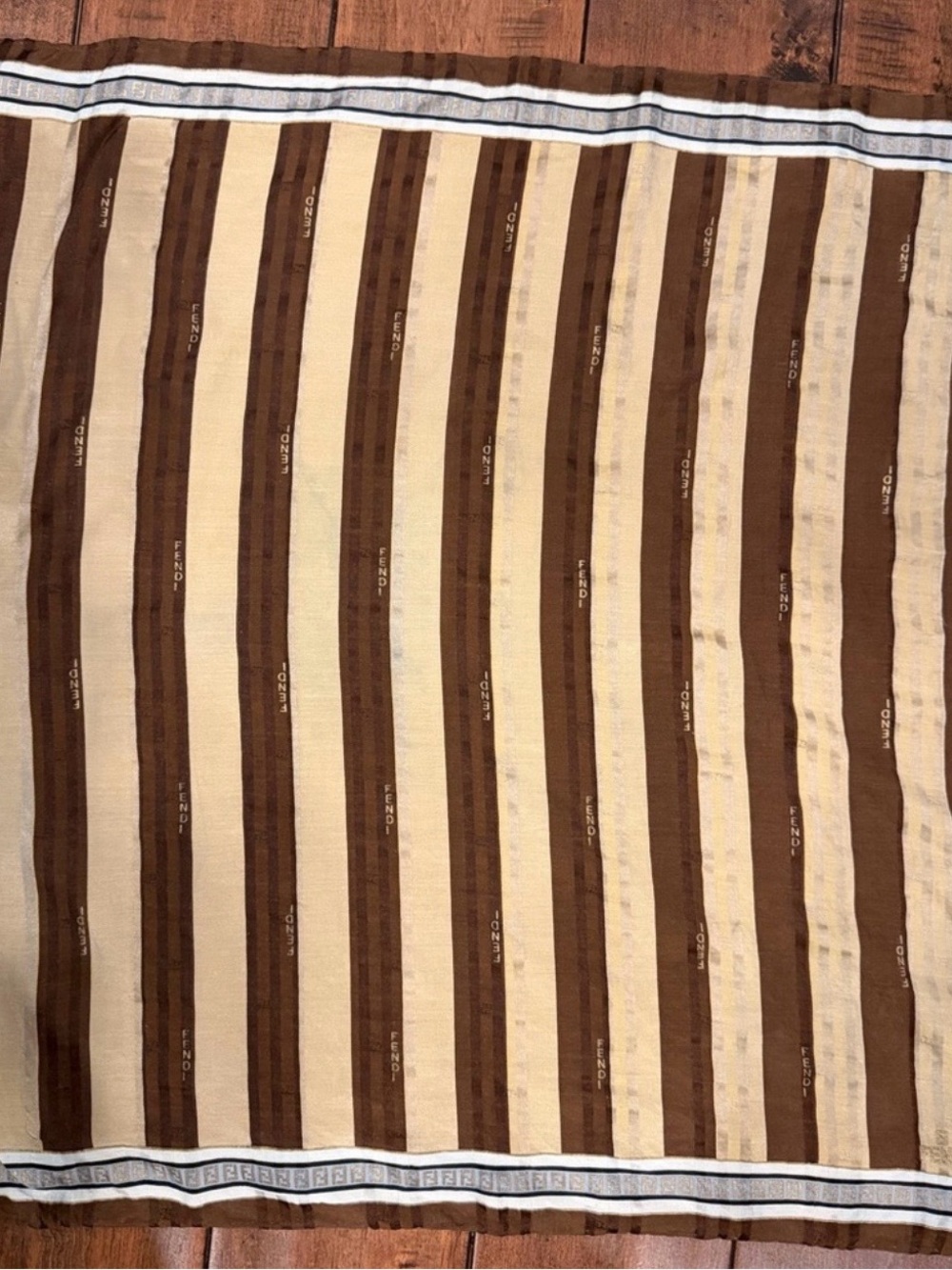 Fendi Brown and Beige Striped Silk Pocket Square with Border - Picture 2 of 9